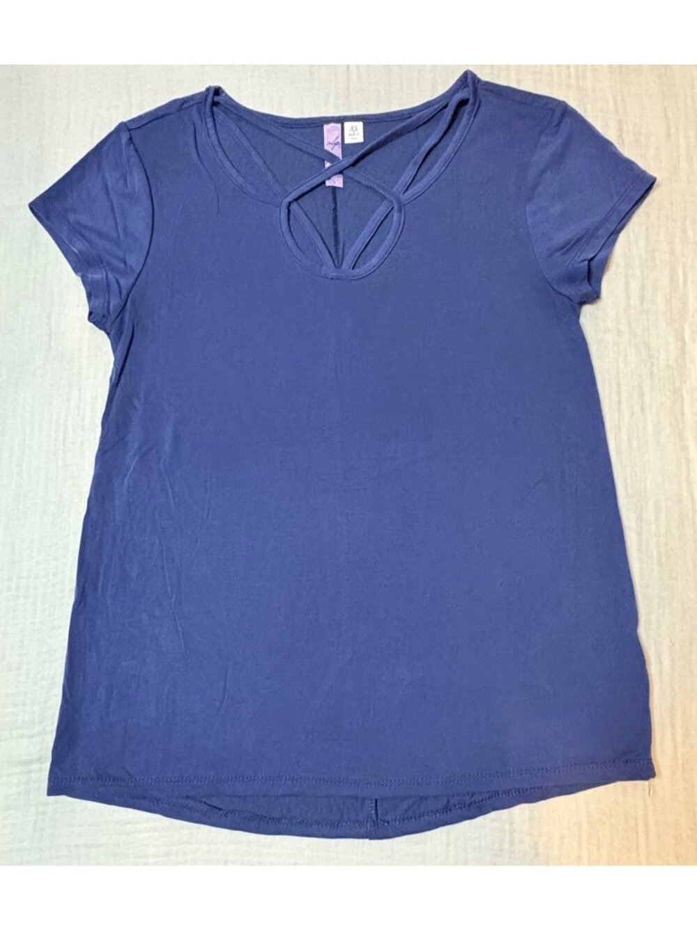 Alya Womens Blue Crisscross Neck Short Sleeve Top Size XS